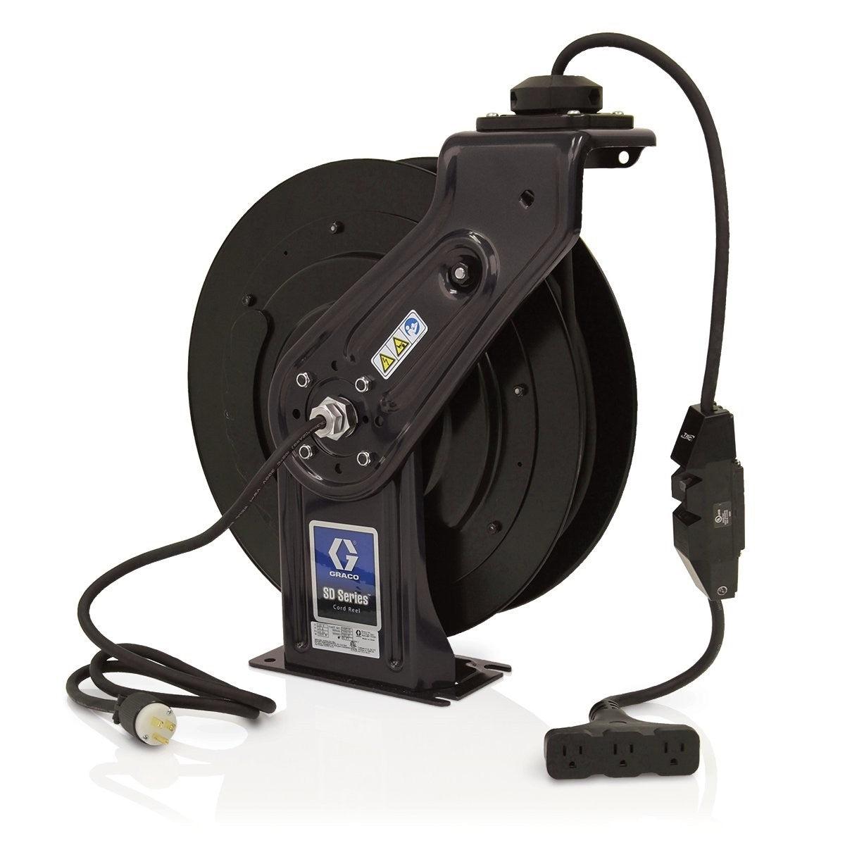 SDª 5 Series 120 Volt Cord Reel - Tri-Plug GFCI Industrial Receptacle - 50 ft (15 m), 12 AWG, 15 Amp Cord - Black
