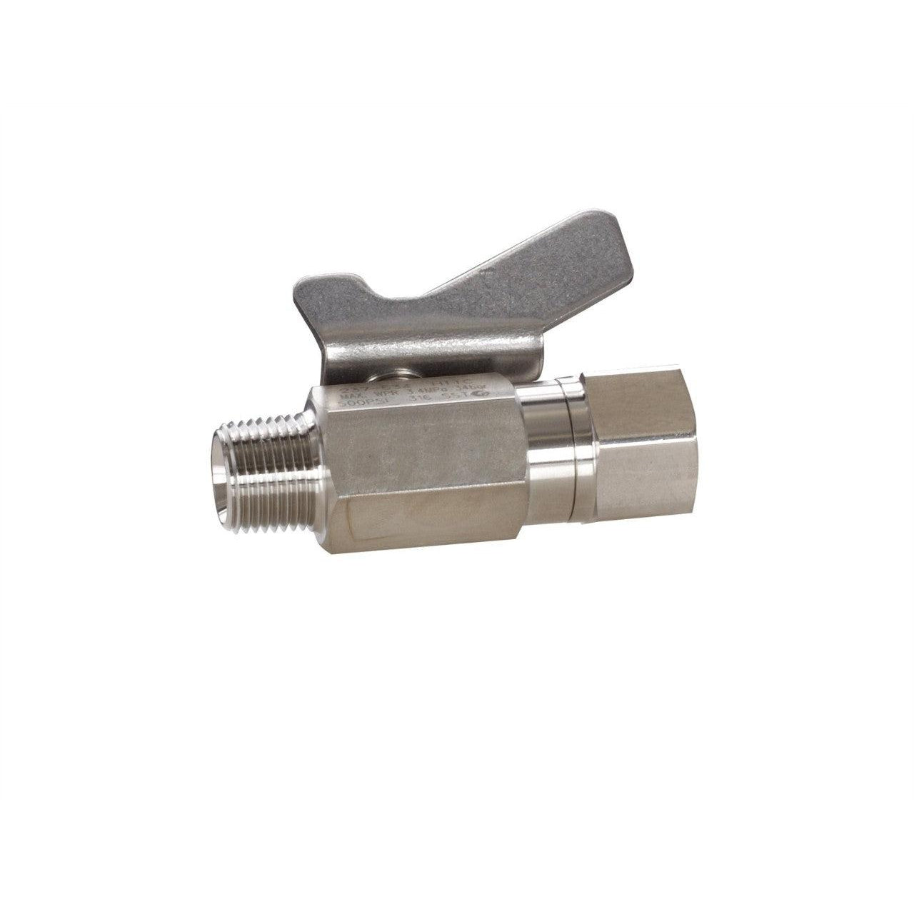 Low Pressure Ball Valve compatible with stainless steel, catalyst and waterborne materials, 3/8 in. npt(f) x 3/8 in. npt(m)